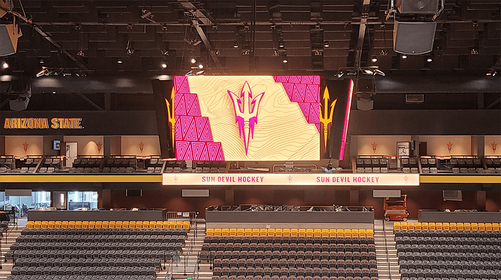 Digital signage content playing on arena screens installed by UCView team